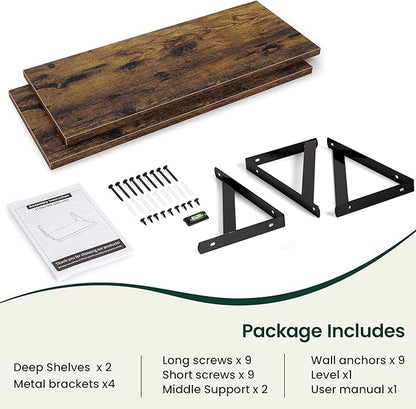 Floating Shelves, 12 Inch Deep Rustic Wood Wall Storage, 36W x 12D Wall Shelves Set of 2, Heavy Duty Metal Brackets, Large Industrial Book Shelf for Living Room, Kitchen, Bedroom, Brown