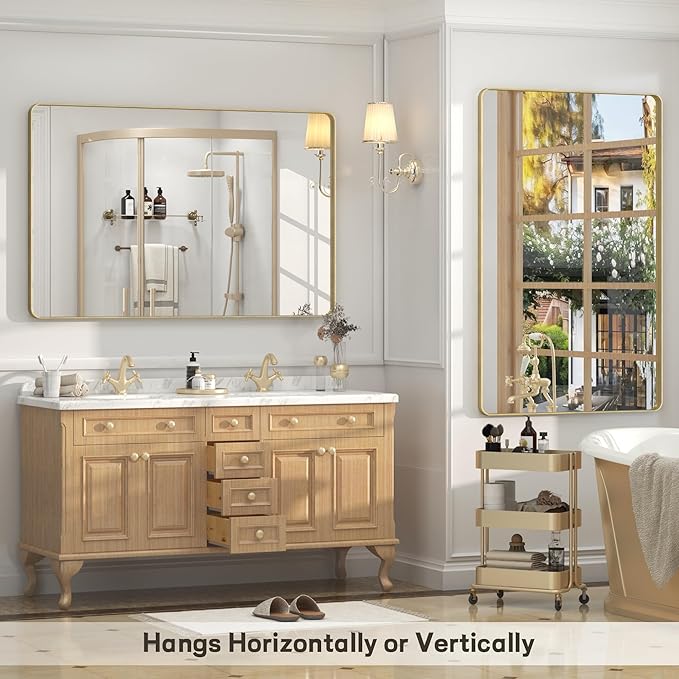 48x30 Inch Gold Framed Bathroom Mirror, Brushed Gold Metal Vanity Mirror, Rectangle Gold Mirror for Wall, Rounded Corner, Tempered Glass, Anti-Rust, Shatterproof (Horizontal/Vertical)