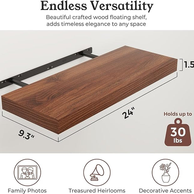 Floating Shelves for Wall, 9.3" Deep Wall Mounted Wood Shelves for Bathroom, Bedroom, Living Room, Kitchen, Hanging Shelf for Books/Storage/Room Decor (Walnut, 24")