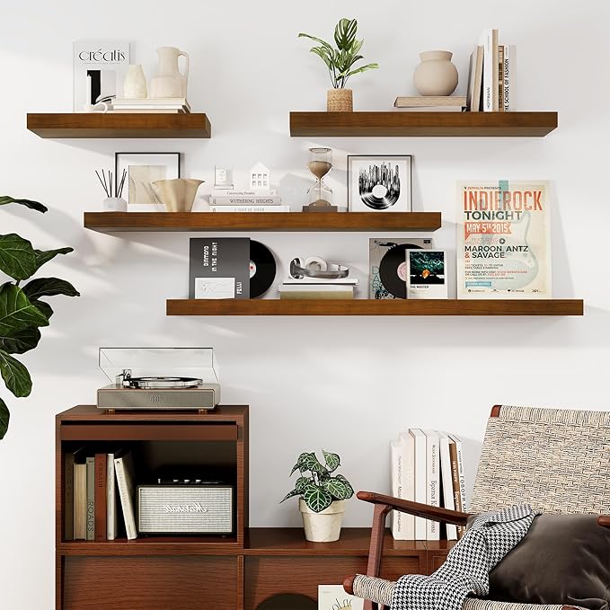 Fun Memories Floating Shelves, 9.3 Inch Deep Solid Pine Wood Wall Shelves for Storage, Rustic Wall Mounted Display Shelf with Invisible Heavy-Duty Metal Bracket, 55 Inch Width, Walnut