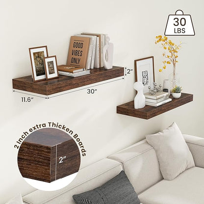 30 Inch Floating Shelves | 12 Inch Deep Brown Floating Shelves Set of 2 | 30" W x 12" D Rustic Wood Shelves for Wall | Deep Brown Shelves for Living Room Bathroom Laundry Room Kitchen