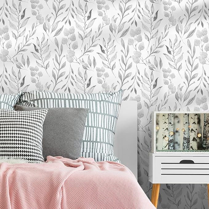 WENMER Gray Leaf Wallpaper Floral Peel and Stick Wallpaper 17.7
