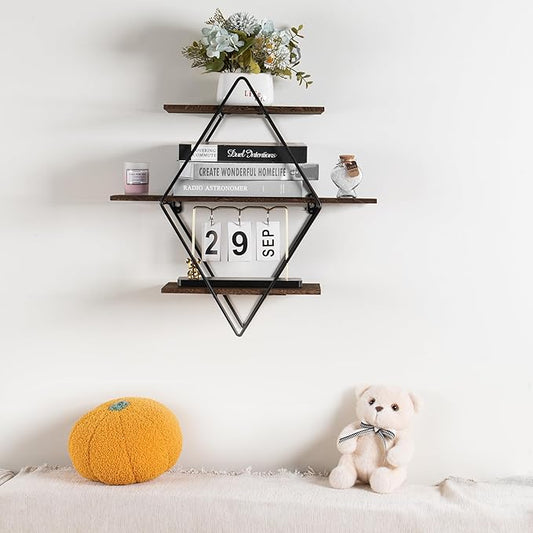 Modern Wooden Floating Wall Shelf Decor for Wall Storage – Geometric Design Decorative Wall Mount 3-Tier Hanging Shelf Plant Display for Bedroom, Living Room, Bathroom, Kitchen