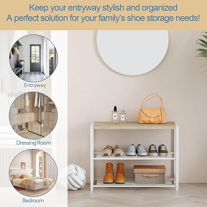 Yusong Shoe Rack Organizer, 3 Tier Industrial Shoe Storage Shelf for Closet Entryway, Narrow Sturdy Metal Shoe Shelves, White