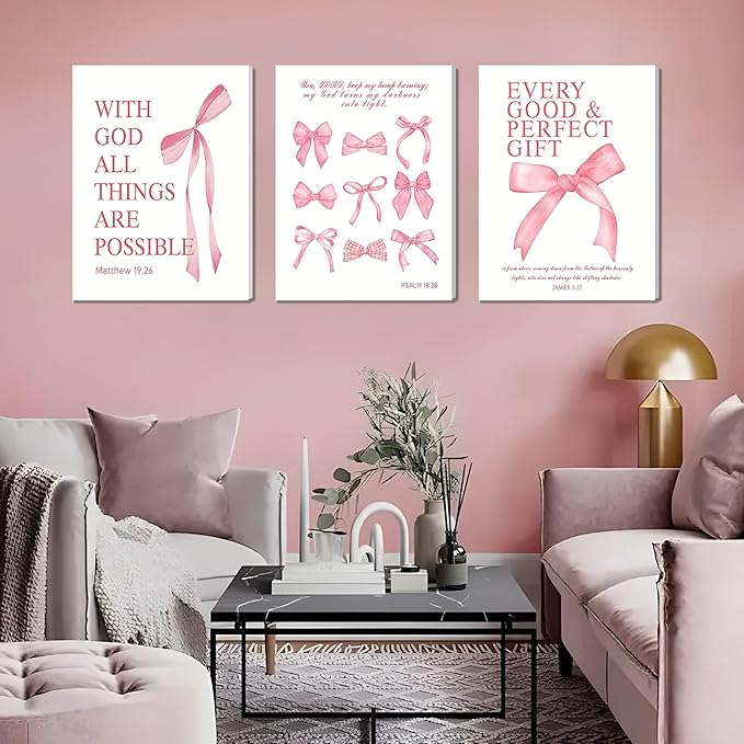 Pink Bow Canvas Wall Art Set of 3, Pink Coquette Dorm Room Wall Decor Paintings, Inspirational Scripture Verses Bows Posters Prints Pictures for Girls Dorm Room Bathroom Bedroom 16x24 Inch Framed