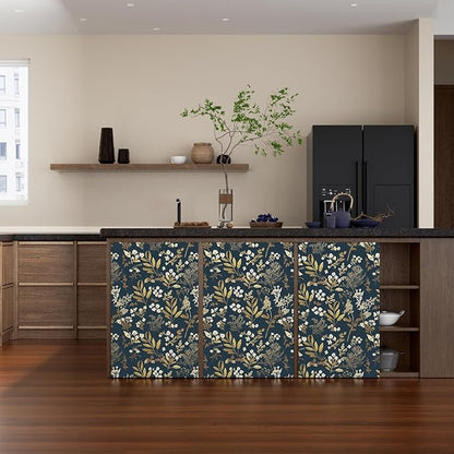 Dark Blue Leaf Wallpaper Peel and Stick Dark Floral Wallpaper for Bedroom Vintage Leaf Contact Paper Waterproof Self Adhesive Boho Floral Wall Paper for Bedroom Walls Countertop 17.5in x 393in
