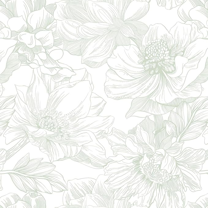 Ismoon Large Floral Peel and Stick Wallpaper Boho White and Green Contact Paper 17.3inx16.3ft Modern Wall Paper Removable Self Adhesive Vinyl Wallpaper for Bedroom Cabinet Bathroom Mural Wall Decor