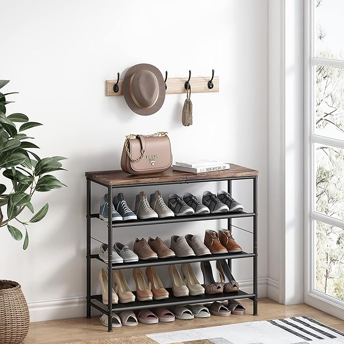 Shoe Rack Organizer 4 Tier Metal Organizer Shelf with Industrial MDF Board and Layer Fabric for Entryway Closet Bedroom Living Room Garage,Black & Rustic Brown (Black+Rustic Brown, 4 Tier)