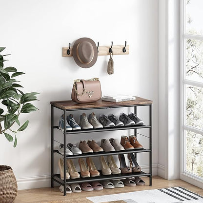 Shoe Rack Organizer 4 Tier Metal Organizer Shelf with Industrial MDF Board and Layer Fabric for Entryway Closet Bedroom Living Room Garage,Black & Rustic Brown (Black+Rustic Brown, 4 Tier)