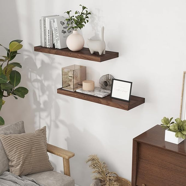 Fun Memories 32" W x 9.3" D Floating Shelves, Rustic Wood Deep Shelves for Bedroom, Kitchen, Living Room, Long Floating Shelf for Wall, Storage Display Wall Shelf for Books Decor, Walnut