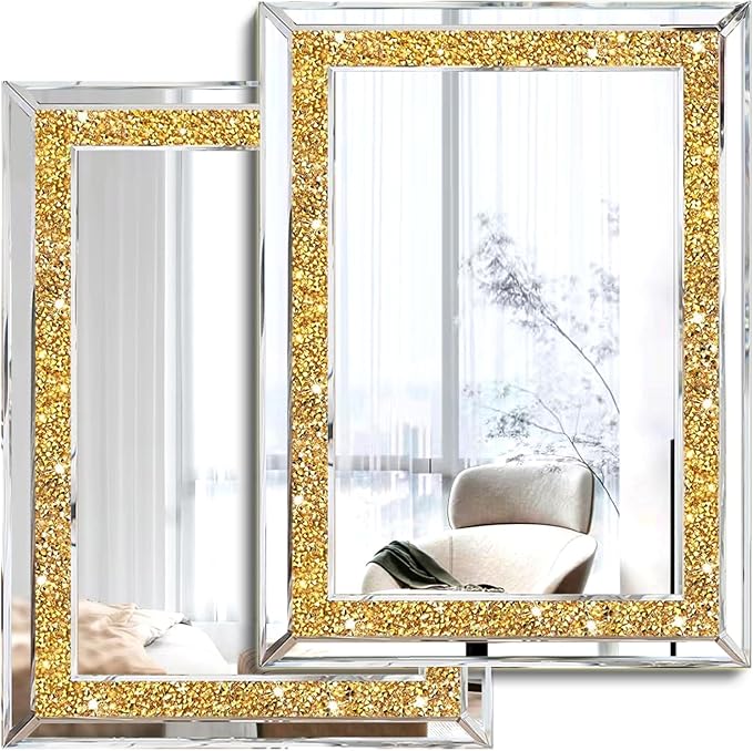 2 Piece Wall Mirrors, Crush Diamond Wall Decor, Gold Color Decorative Mirrors for Living Room, Bedroom, Bathroom. (11'x15')