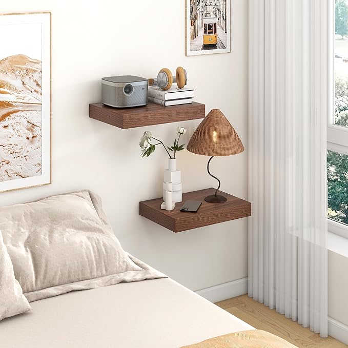 Deep Floating Shelves | 16 Inch Walnut Floating Shelves Set of 2 | 12 Inch Deep Rustic Wood Shelves for Wall | Walnut Shelves for Living Room Bathroom Kitchen Bedroom