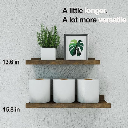 Floating Shelves for Wall Decor, Wall Mounted Wood Storage Shelf for Bedroom, Living Room, Bathroom, Kitchen, Nursery, Rustic Display Picture Ledge Shelf with Lip Set of 2-14 Inches, Brown