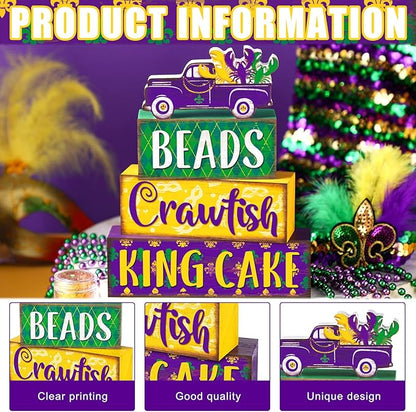 Marsui 4 Pcs Mardi Gras Decorations Mardi Gras Centerpieces Table Decorations Farmhouse Wooden Tabletop Blocks Sign for Home Party Rustic Tiered Tray Shelf Office Carnival Decor