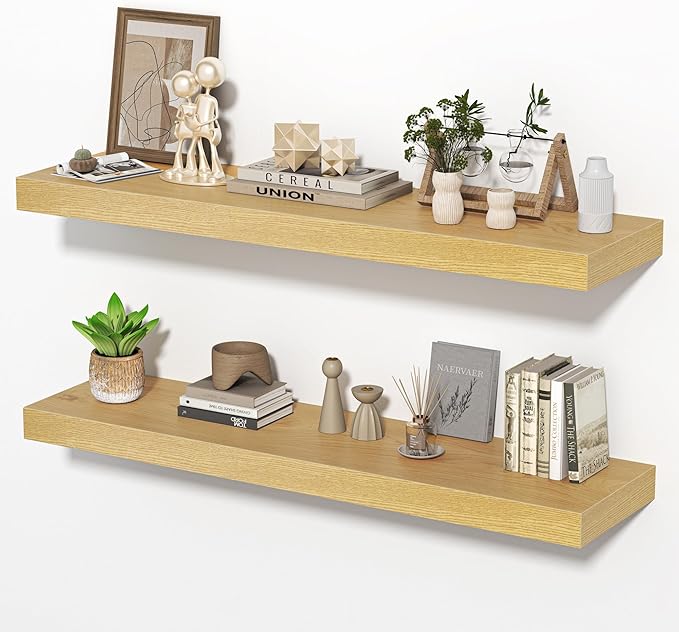 36 Inch Floating Shelves for Wall, Wooden Wall Mounted Display Shelves with Invisible Brackets for Living Room, Bedroom, Bathroom, Kitchen Decor and Storage, Set of 2, Oak