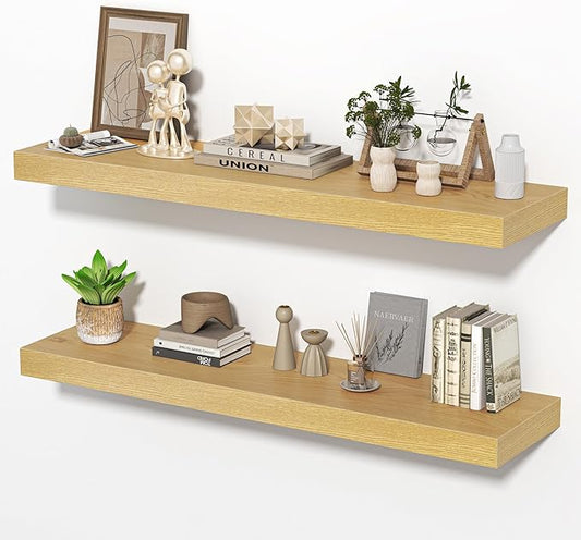 36 Inch Floating Shelves for Wall, Wooden Wall Mounted Display Shelves with Invisible Brackets for Living Room, Bedroom, Bathroom, Kitchen Decor and Storage, Set of 2, Oak