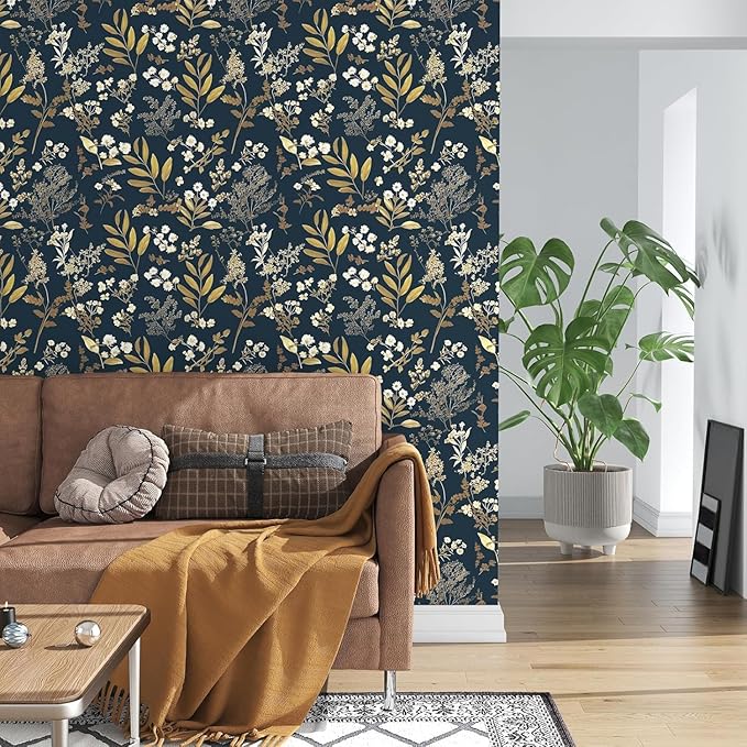 Dark Blue Leaf Wallpaper Peel and Stick Dark Floral Wallpaper for Bedroom Vintage Leaf Contact Paper Waterproof Self Adhesive Boho Floral Wall Paper for Bedroom Walls Countertop 17.5in x 118in