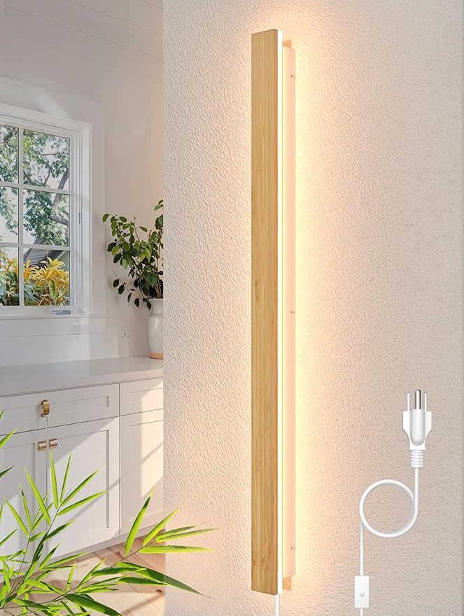 1 Pack Modern Plug in Long Wall Sconce 45.2‘’ LED Bamboo Wall Lights 35W Long Strip Indoor Wall Lamp 3000K with 6.5FT Plug in Cord and On/Off Switch on The Cord for Living Room Hallway Stairwell