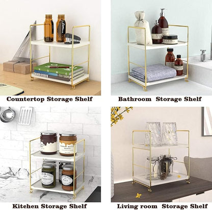 2-Tier Kitchen Spice Rack - Freestanding Stackable Bathroom Countertop Storage Shelf - Cosmetic Organizer Holder- Square Standing Rack (Golden)
