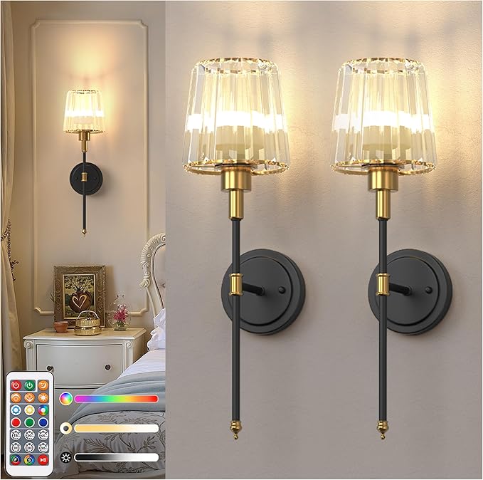 DORESshop Battery Operated Wall Sconce Set of 2, Wireless Wall Light, 15 Color Rechargeable Wall Sconces, Sconce Wall Decor Set of 2 for Bedroom, Living Room, Gold and Black Crystal, 24.6in