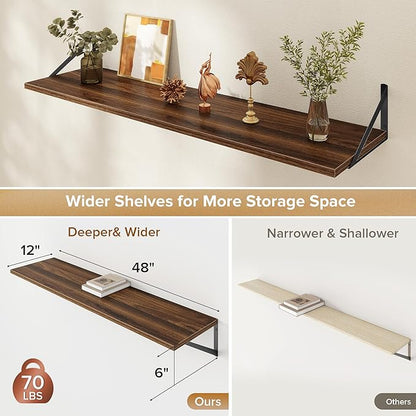Deep Floating Shelves Wall Mounted, 48"x12" Walnut Wall Shelves with Brackets Set of 2 for Bedroom, Living Room, Bathroom, Kitchen, Office - Storage & Display Shelf for Decor, Books, Plants