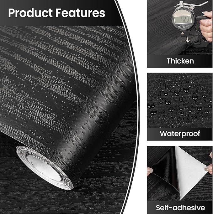 Abyssaly Peel and Stick Wallpaper Black Wood Contact Paper Decorative Self-Adhesive Film for Surfaces Easy to Clean Thickening Upgrade Increase Stomata and Reduces Bubble Generation 35.6 in X 196 in