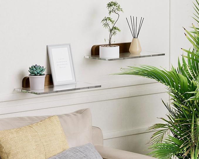 Small Acrylic Floating Shelf for Wall, Clear Acrylic Wall Shelf with Solid Wood Base, Thick Minimalist Display Shelf for Bathroom, Bedroom,Plants, Perfume, Nail Polish,Living Room & Decor