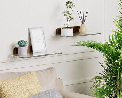 Small Acrylic Floating Shelf for Wall, Clear Acrylic Wall Shelf with Solid Wood Base, Thick Minimalist Display Shelf for Bathroom, Bedroom,Plants, Perfume, Nail Polish,Living Room & Decor