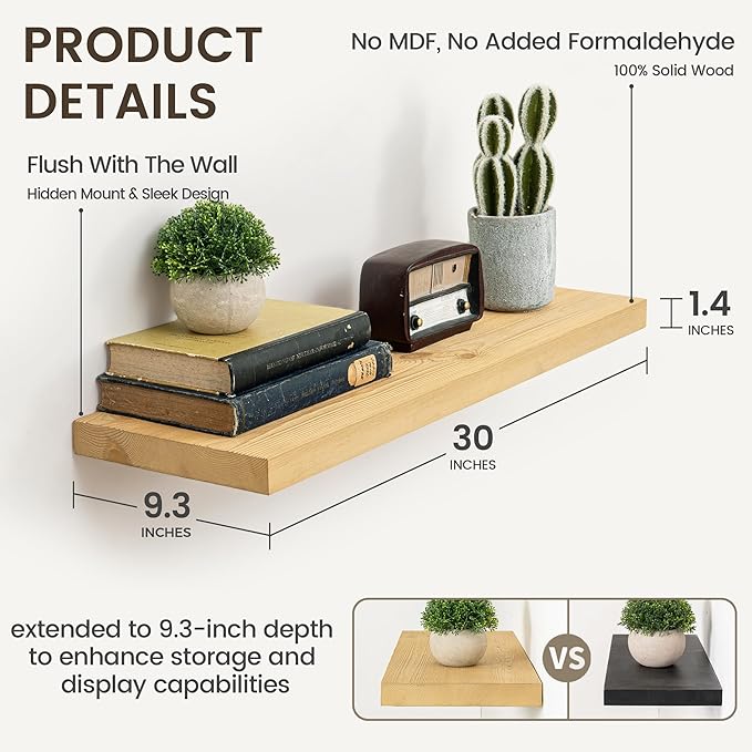 Marsmiles 30 Inch Floating Shelves | 9.3 Inch Deep Natural Wood Wall Shelves Set of 2 | Rustic Reclaimed Wood Shelves for Room Wall | Farmhouse Floating Shelves for Living Room Bathroom