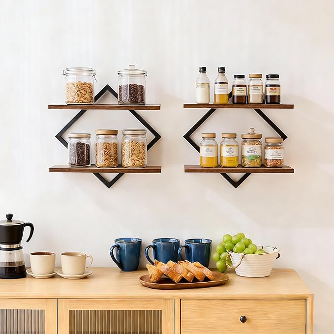 Set of 2 Floating Shelves Farmhouse Wall Shelves 2-Tier Decorative Hanging Shelves Wall Mounted Bathroom Shelves Wooden Wall Decor Shelf (Brown)