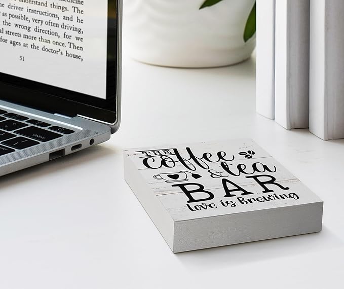 The Coffee and Tea Bar Love is Brewing Wood Box Sign Desk Decor,Rustic Wooden Block Sign Decorations for Home Kitchen Office Coffee and Tea Bar Wall Tabletop Shelf Decor