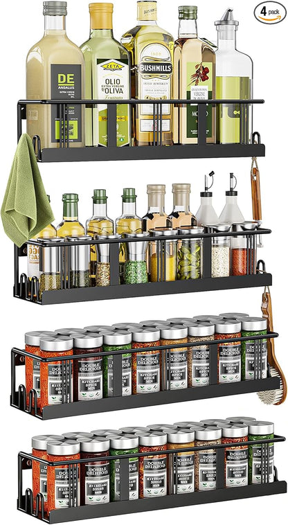Spice Rack Wall Mounted 4 Pack, Space-Saving Spice Organizer for Spice Jars and Seasonings,Screw or Adhesive Hanging Spice Rack Organizer for Your Kitchen Cabinet,or Pantry Door