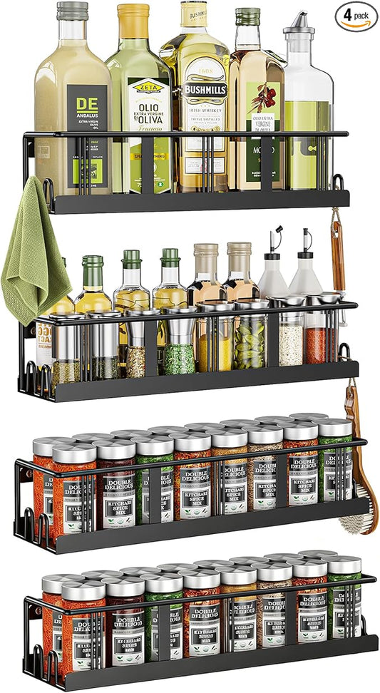 Spice Rack Wall Mounted 4 Pack, Space-Saving Spice Organizer for Spice Jars and Seasonings,Screw or Adhesive Hanging Spice Rack Organizer for Your Kitchen Cabinet,or Pantry Door