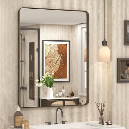 26x36 Inch Bronze Framed Mirror, Brushed Bronze Metal Bathroom Vanity Mirror for Wall, Modern Rectangle Mirror, Rounded Corner, Anti-Rust (Horizontal/Vertical)