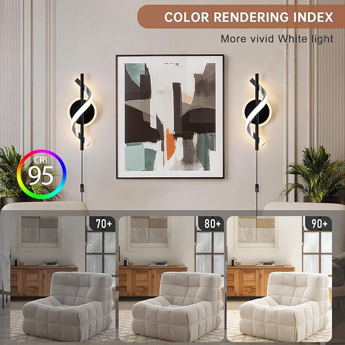 Black Plug in Wall Sconces Sets of 2, 12W Modern Spiral LED Wall Lamp, 3000K Warm White Wall Light Fixture for Stairs Living Room Bedroom Aisle Hallway