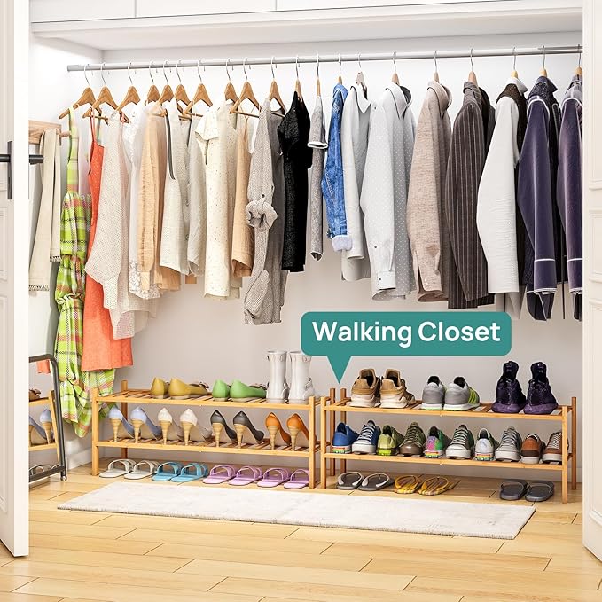 2-Tier Long Shoe Rack for Entryway, Black Bamboo Wood Shoe Rack for Closet & Hallway, Long 33IN | Beautiful | Functional | Sturdy | Durable