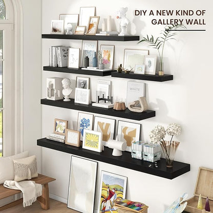 Floating Shelves for Wall 72"W x 11.6"D x 2"H, Long Engineered Wood Wall Shelves with Invisible Brackets for Living Room Bedroom Bathroom Office Kitchen Decor and Storage, Black Finish, Set of 1