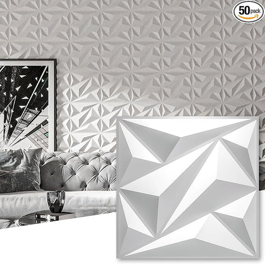 Art3dwallpanels 50 Pack 3D Wall Panel Diamond for Interior Wall Décor, PVC Flower Textured Wall Panels for Living Room Lobby Bedroom Hotel Office, White, 12''x12''