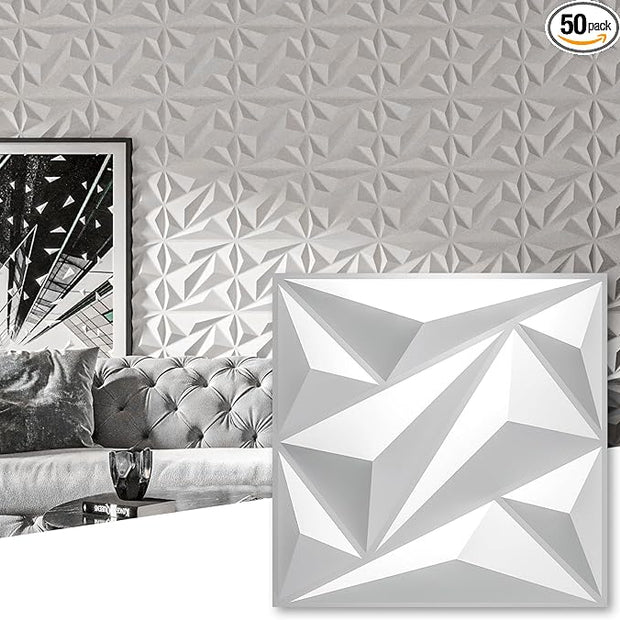 Art3dwallpanels 50 Pack 3D Wall Panel Diamond for Interior Wall Décor, PVC Flower Textured Wall Panels for Living Room Lobby Bedroom Hotel Office, White, 12''x12''