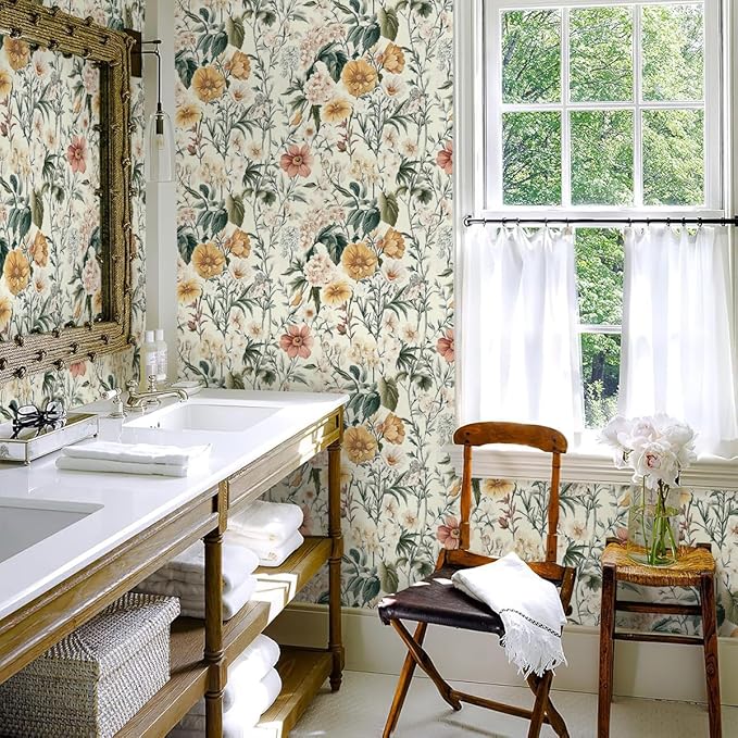 Livebor Vintage Floral Peel and Stick Wallpaper Floral Contact Paper 16.9"x118.1" Boho Neutral Wallpaper Peel and Stick Self Adhesive Wall Paper for Cabinets Bathroom Covering Wall Decorative Vinyl