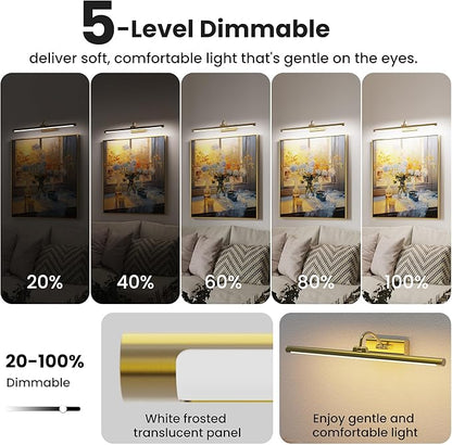 24" Brass Picture Art Light with 1pcs Extra 8000mAh Battery - 2 Pack Wireless Dimmable Wall Mount for Oversized Paintings, Posters & Mirror