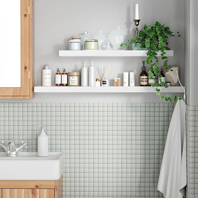 Marsmiles White Floating Shelves for Wall - 36 Inch Wide x 8 Inch Deep Ash Wood Shelves Set of 2 - Rustic White Wood Shelves for Living Room Bedroom Bathroom