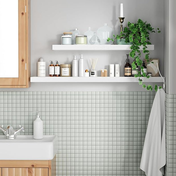Marsmiles White Floating Shelves for Wall - 36 Inch Wide x 8 Inch Deep Ash Wood Shelves Set of 2 - Rustic White Wood Shelves for Living Room Bedroom Bathroom