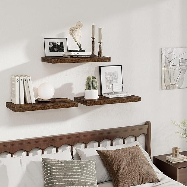 Fun Memories 24 x 12 Inch Deep Floating Shelves, 12 Inch Deep Rustic Wooden Book Shelf, Extra Deeper & Thicker Hanging Shelves for Living Room, Bathroom, Bedroom, Kitchen, Office, Set of 3 (Brown)