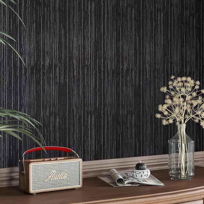 CRE8TIVE Black Grasscloth Peel and Stick Wallpaper Textured Woven Linen Fabric Black Contact Paper for Walls Self Adhesive Removable Faux Grass Cloth Wallpaper for Bedroom Countertops Cabinets 12
