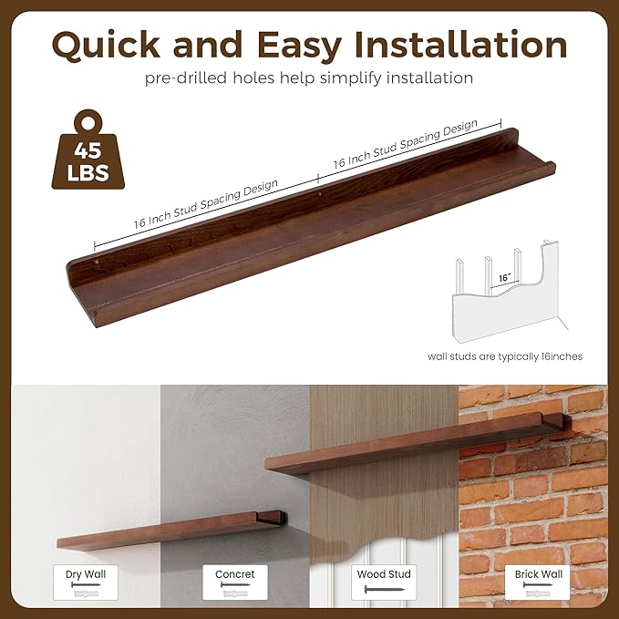 Floating Shelves for Wall 36 Inch - Wood Picture Ledge Shelf Set of 2 - Dark Wood Wall Shelves with Lip - Walnut Picture Shelf Photo Ledge