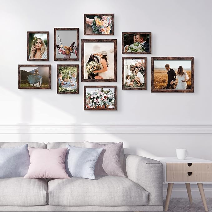 LUCKYLIFE Picture Frame Set 10-Pack, Gallery Wall Frame Collage with 8x10 5x7 4x6 Frames in Brown Finishes