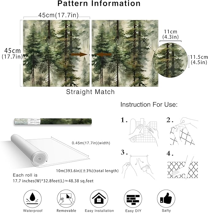 HAOKHOME Forest Peel and Stick Wallpaper Tree Wall Paper Wood Removable for Bedroom Green Contact Paper 17.7in x 32.8ft