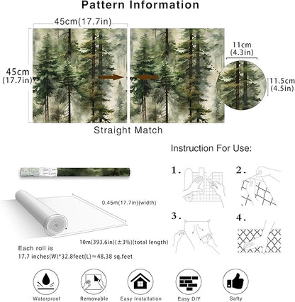 HAOKHOME Forest Peel and Stick Wallpaper Tree Wall Paper Wood Removable for Bedroom Green Contact Paper 17.7in x 32.8ft