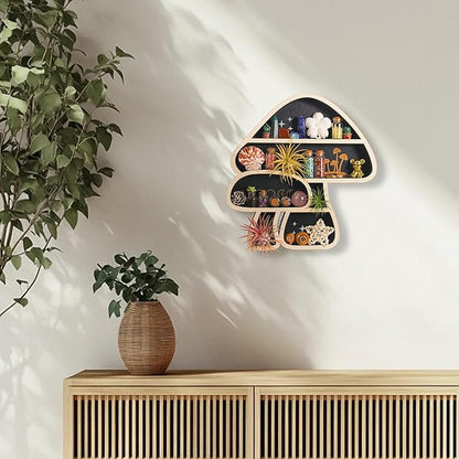 Cute Mushroom Decor, Wooden Floating Mushroom Shelf for Wall, Crystal Display Shelf Rock Gem Stone Display Shelf Wall Mounted